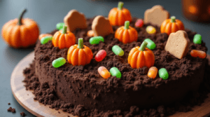 Halloween Dirt Cake Recipe with spooky decorations.