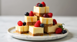 A stack of keto cheesecake bites with almond flour crust, topped with berries and sugar-free syrup.