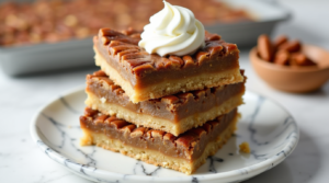 A stack of vegan pecan pie bars made with almond flour and maple syrup, topped with a cashew cream drizzle.