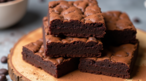 A stack of keto brownies with a dense, fudgy texture, dusted with cocoa powder.