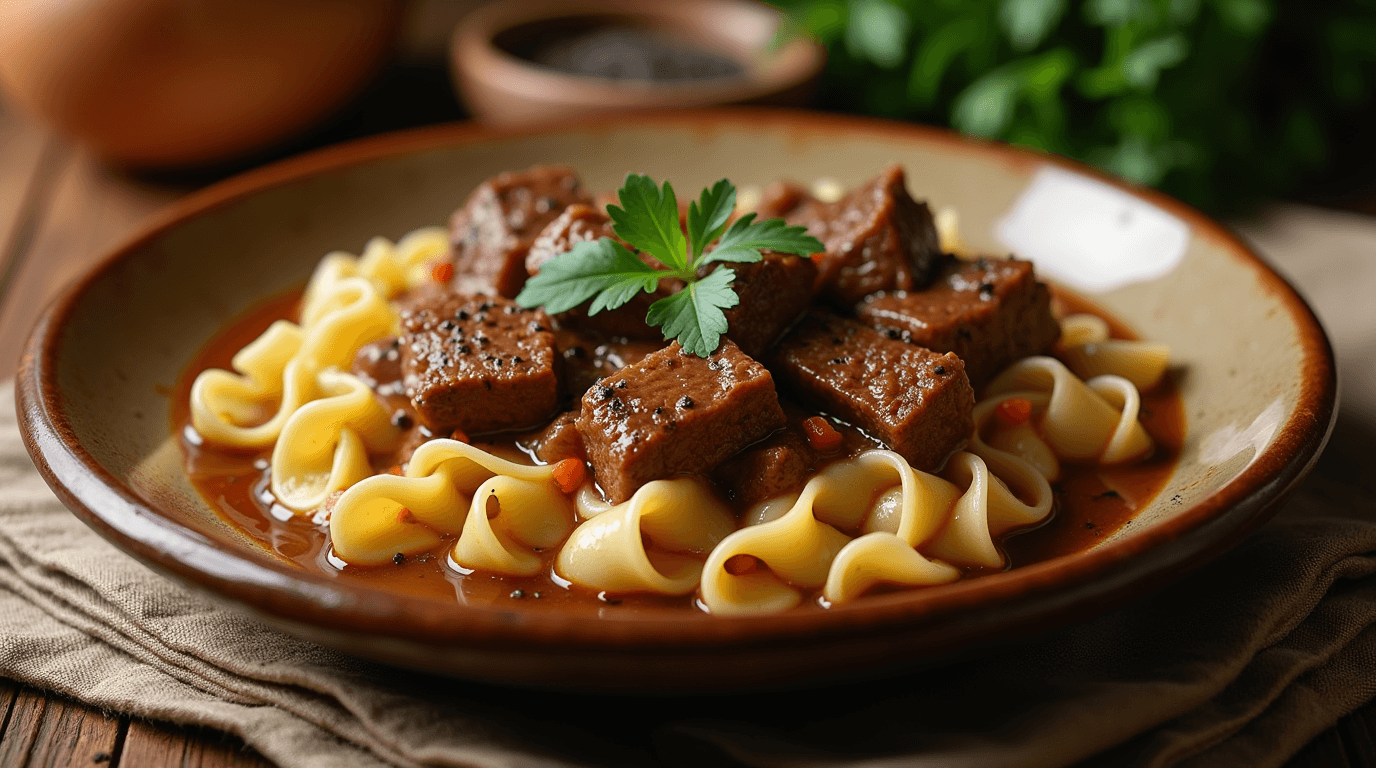Beef and Noodles Recipe A steaming plate of homemade Beef and Noodles Recipe in a rustic ceramic bowl, with tender beef chunks in a rich brown gravy, garnished with fresh parsley and black pepper. The dish sits on a wooden table in a cozy kitchen setting