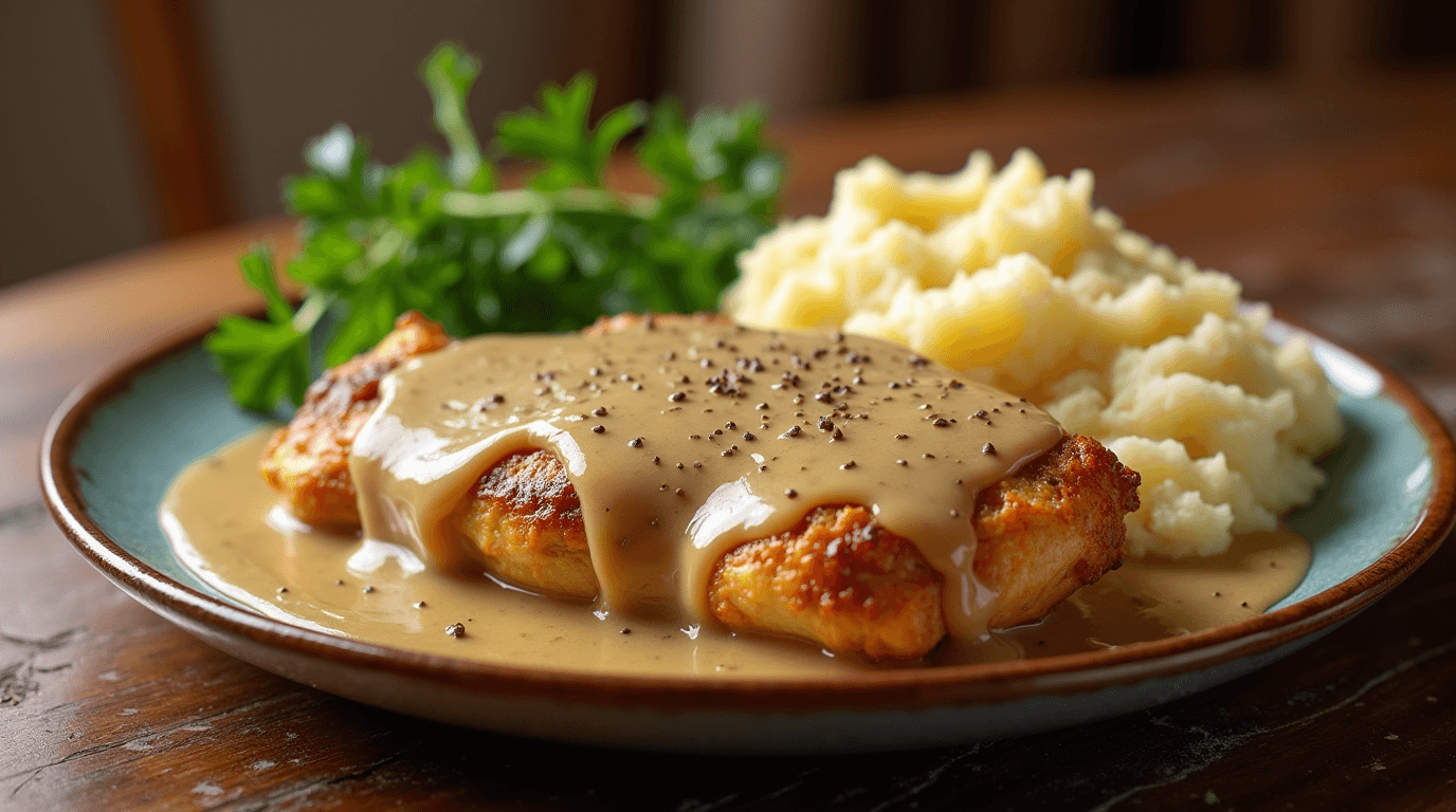 Chicken and Gravy Recipe Homemade chicken and gravy served on a plate with mashed potatoes, garnished with fresh parsley