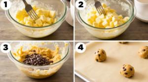 Step-by-step process of making Chocolate Chip Banana Bread Cookies, from mashing bananas to mixing and baking.