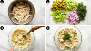 A four-step collage showing how to prepare Dill Pickle Chicken Salad—from shredded chicken to chopping, mixing, and serving.