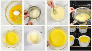 A four-step collage showing the preparation of keto crème brûlée, from mixing to baking