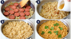 A four-step collage showing the cooking process of a sausage and rice skillet.