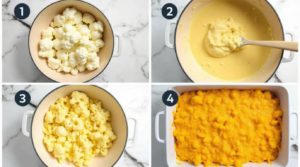Step-by-step process of making cauliflower cheese, from chopping cauliflower to baking the final dish.