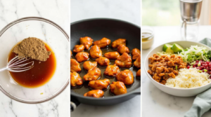 A visual guide showing marinated chicken, cooking process, and final hot honey chicken bowl.
