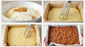 A visual step-by-step guide showing how to prepare Lazy Girl Pecan Pie Bars from mixing to baking.