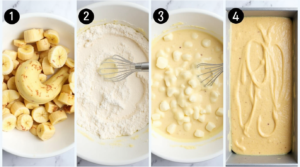 A step-by-step visual guide to making banana bread, from mashing bananas to mixing the batter and baking.