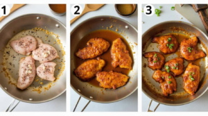 Step-by-step guide showing the process of making Black Pepper Chicken: marinating, searing, and adding the black pepper sauce