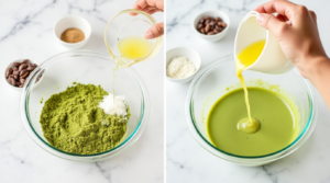 A person mixing matcha powder and almond flour while making Keto Matcha Mint Bars.
