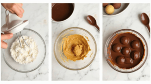 A step-by-step guide to making Butterfinger Balls: mixing, rolling, and dipping in chocolate.