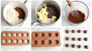 A collage showing the process of melting, mixing, pouring, and freezing keto chocolate fat bombs.
