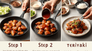 Cooking process of Chicken Teriyaki Recipe, from marination to glazing and plating.