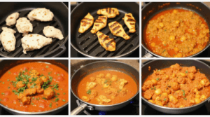 A step-by-step cooking process of Chicken Tikka Masala, from marination to final creamy curry.