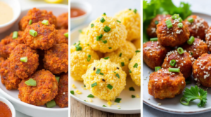 Spicy Cajun, Lemon Garlic Butter, and Teriyaki Salmon Bites served on separate plates with dipping sauces.