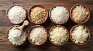 Various rice types—white, brown, jasmine, basmati, and cauliflower—displayed in bowls with labels.