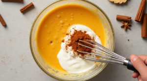 A bowl of pumpkin purée, heavy cream, eggs, and pumpkin spice being whisked together for a keto pumpkin pie filling.