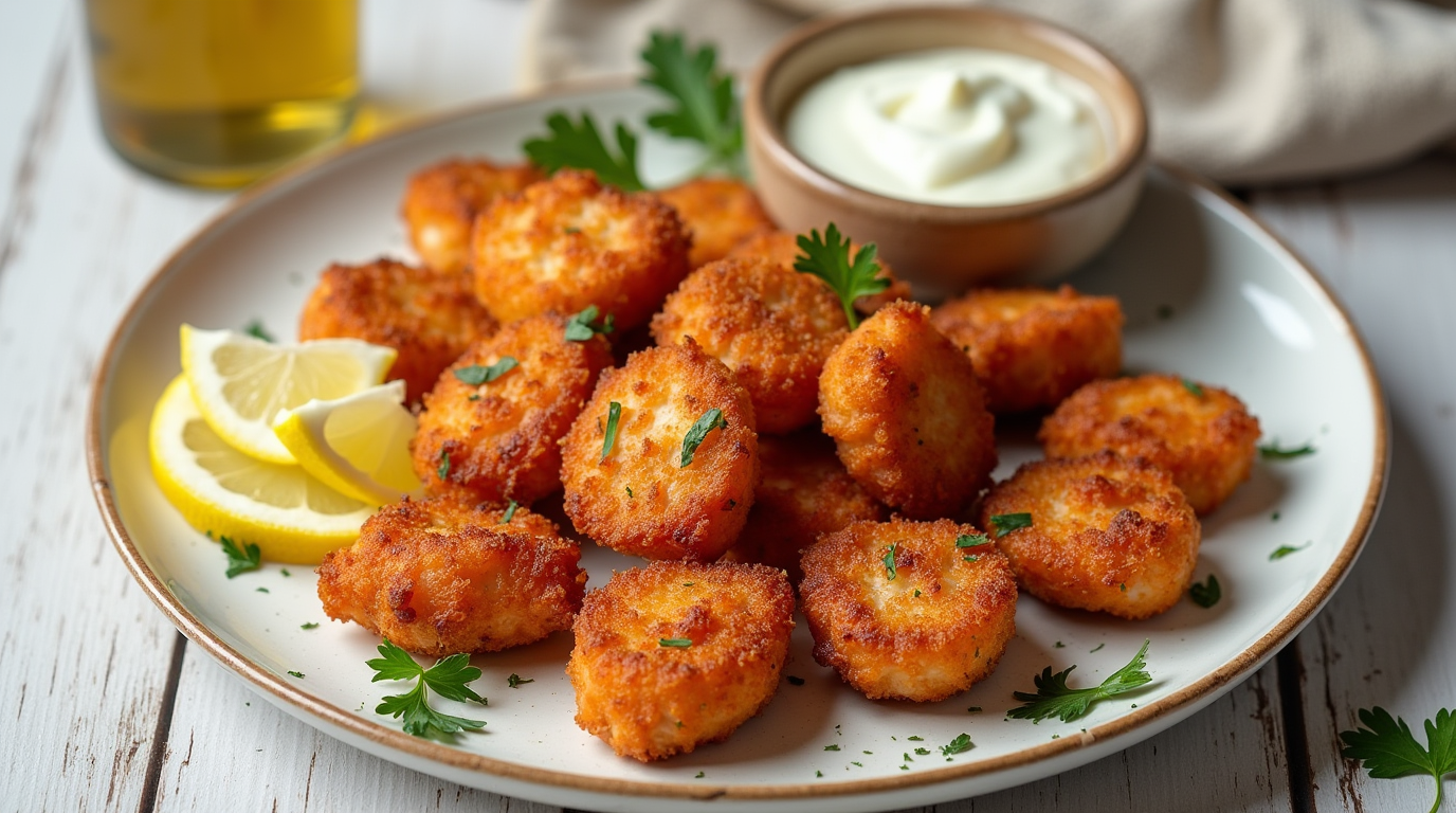Air Fryer Salmon Bites A plate of golden-brown air fryer salmon bites with a side of creamy dipping sauce, garnished with parsley and lemon wedges.