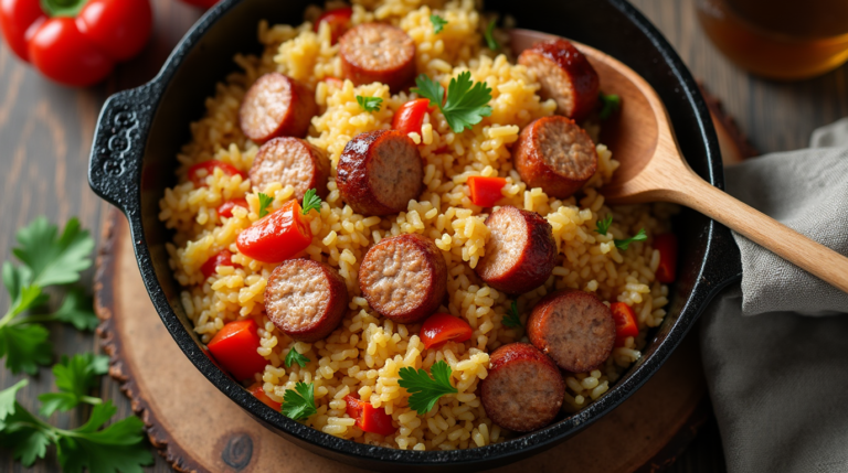 Sausage and Rice Skillet: A cast-iron skillet filled with sausage and rice, garnished with fresh parsley and red bell peppers.