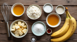 A top-down view of essential ingredients for making banana bread, including bananas, flour, sugar, eggs, and butter.