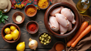 A top-down view of Moroccan Chicken Tagine ingredients, including chicken, spices, preserved lemons, and olives.