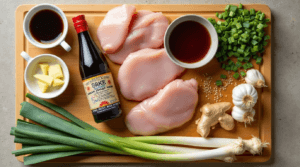 Raw chicken, soy sauce, ginger, garlic, and other ingredients for making Chicken Teriyaki Recipe.