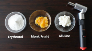 Three keto-friendly sweeteners—erythritol, monk fruit, and allulose on a wooden surface.