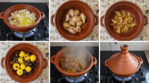  A step-by-step process of making Moroccan Chicken Tagine, showing a tagine pot on a stove with ingredients being added.