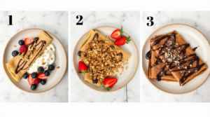 A trio of Cinnamon Roll Protein Crepes variations—vegan, keto, and chocolate-infused—each plated with unique toppings.