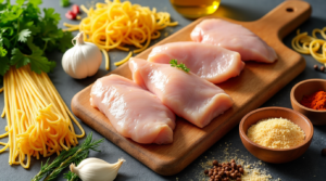 A variety of chicken cuts (breasts, thighs, wings) alongside different types of noodles (egg, rice, whole grain), fresh herbs, spices, and seasonings arranged on a wooden cutting board