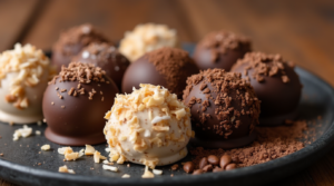 A trio of keto chocolate fat bomb variations, including nutty, coconut, and mocha flavors, arranged on a dark plate.