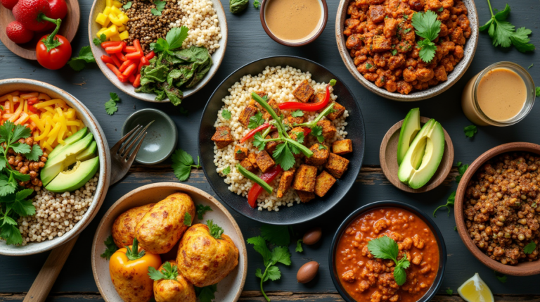 A variety of high-protein vegetarian recipes, including quinoa bowls, lentil curry, tofu stir-fry, and stuffed bell peppers, arranged on a wooden table