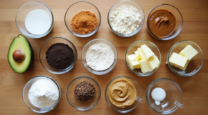 A top-down view of keto dessert ingredients, including low-carb sweeteners, keto-friendly flours, and healthy fats, arranged in glass bowls.