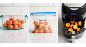Salmon bites stored in an airtight container, a freezer bag, and an air fryer basket for reheating.