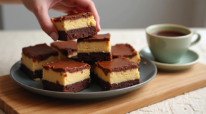 Sliced keto cheesecake brownies showing layers of chocolate brownie and creamy cheesecake