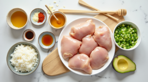 Fresh ingredients including chicken, honey, red pepper flakes, soy sauce, and rice for hot honey chicken bowls.
