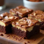 Keto Cheesecake Brownies Close-up of keto cheesecake brownies with a rich chocolate base and swirled cheesecake layer, served on a rustic wooden board.
