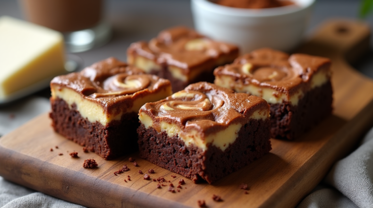 Close-up of keto cheesecake brownies with a rich chocolate base and swirled cheesecake layer, served on a rustic wooden board.