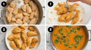 Step-by-Step Cooking Process – Garlic Butter Chicken Bites  seasoning the chicken, cooking it, making the sauce, and the final dish. 