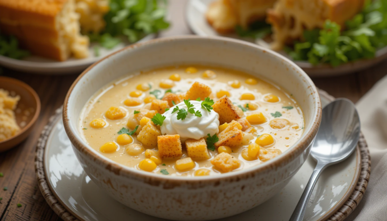 A bowl of Chicken Corn Chowder garnished with parsley and croutons, served with cornbread and a green salad on the side.