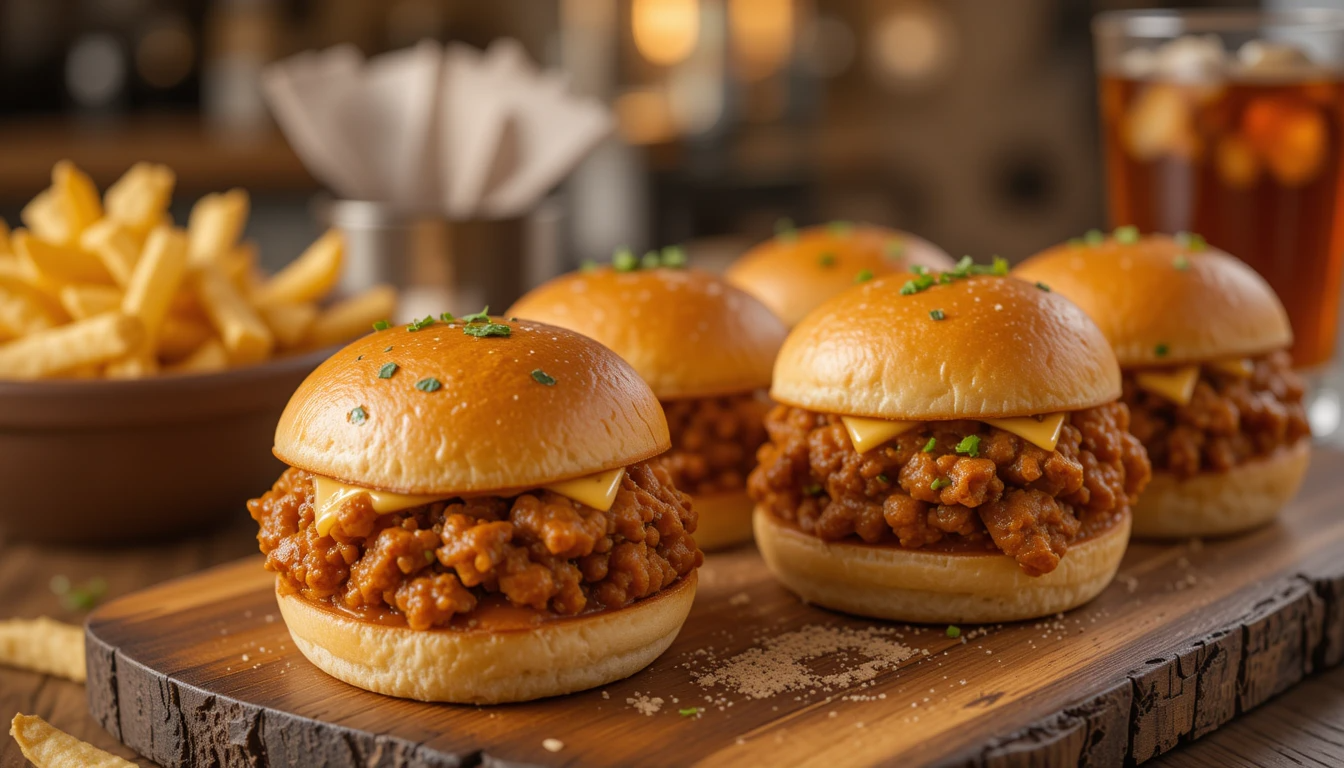 Chicken Sloppy Joe Sliders A plate of Chicken Sloppy Joe Sliders with melted cheese and a tangy, saucy chicken filling on toasted buns.