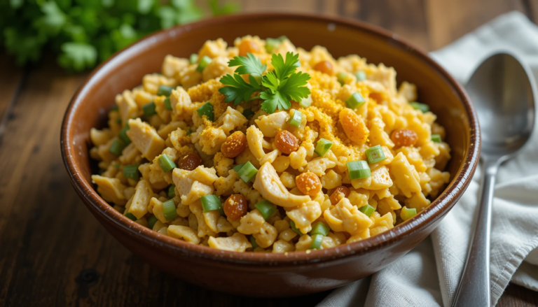A bowl of creamy curry chicken salad with celery, onions, and raisins, garnished with fresh herbs.