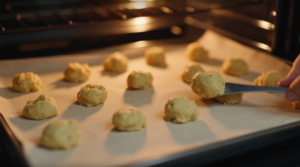 Cookie dough balls on a baking sheet, ready to be baked into delicious Keto Coconut Cookies.