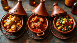 Three different variations of Moroccan Chicken Tagine, including apricot and almond, spicy harissa, and vegetable tagine.