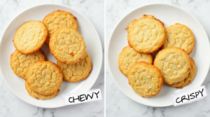  Two versions of Keto Coconut Cookies – one plate with chewy cookies and another with crispy ones.