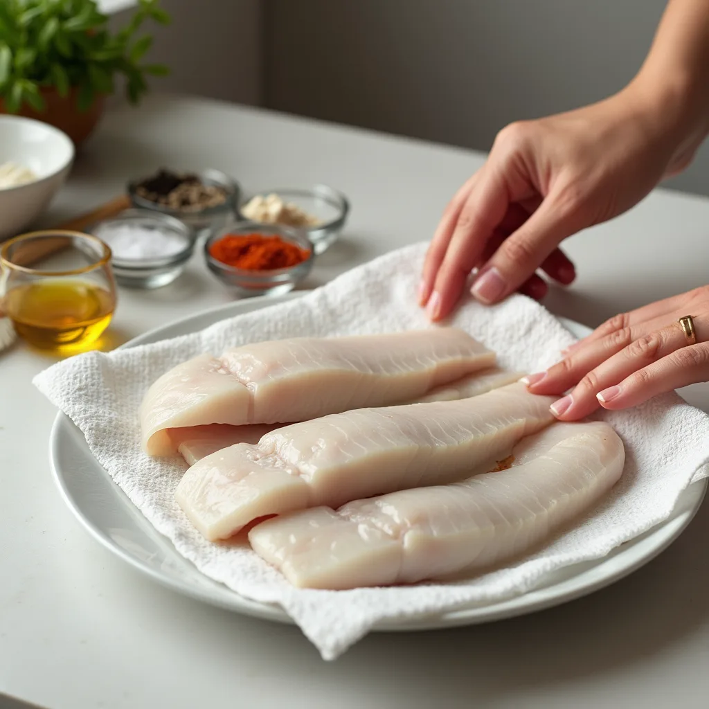 7-Minute Air Fryer Tilapia Crispy & Healthy Hands patting tilapia fillets dry with paper towels, with seasonings and olive oil in small bowls beside them.