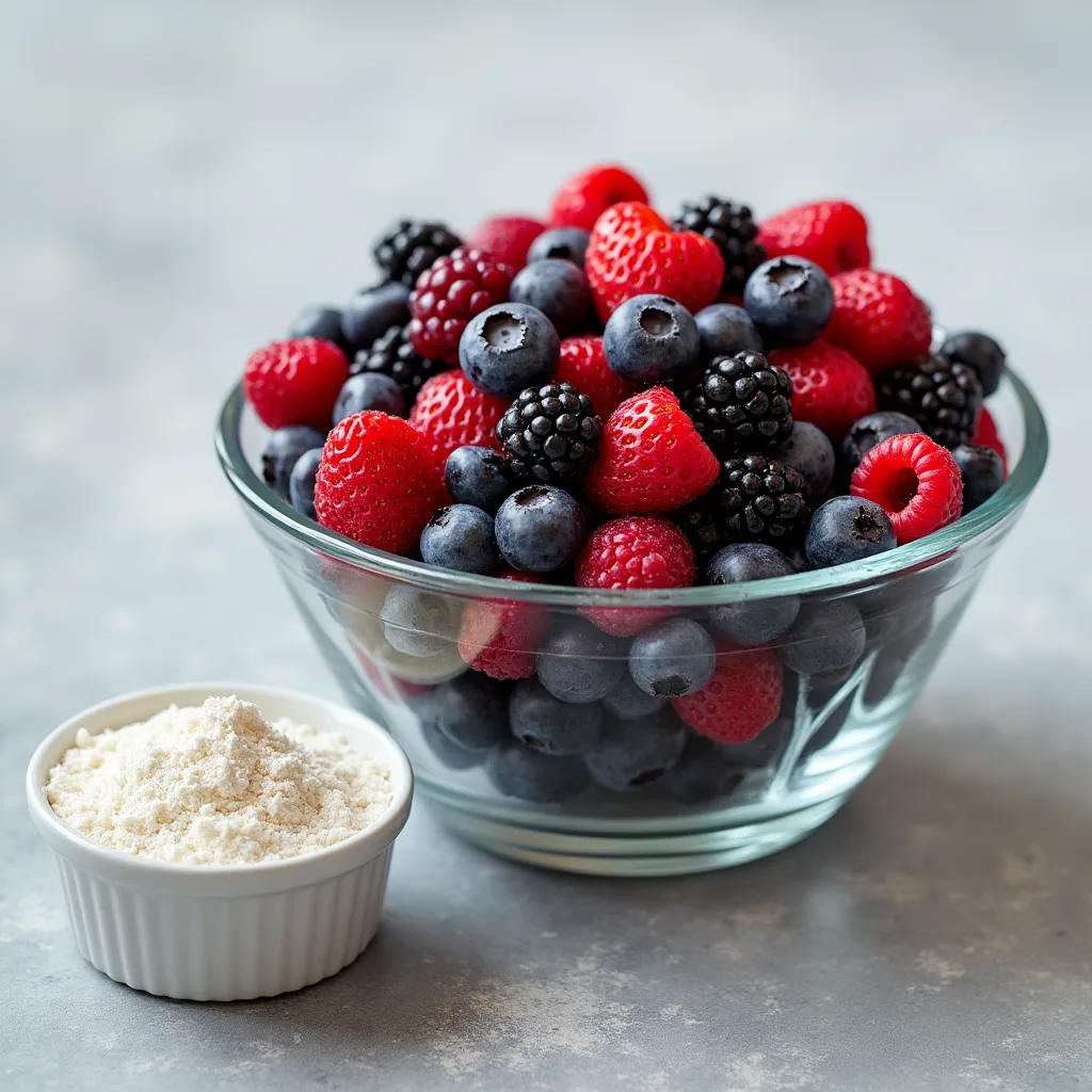Mixed Berry Muffins Fresh blueberries, raspberries, blackberries and strawberries in a glass bowl with flour for muffin recipe