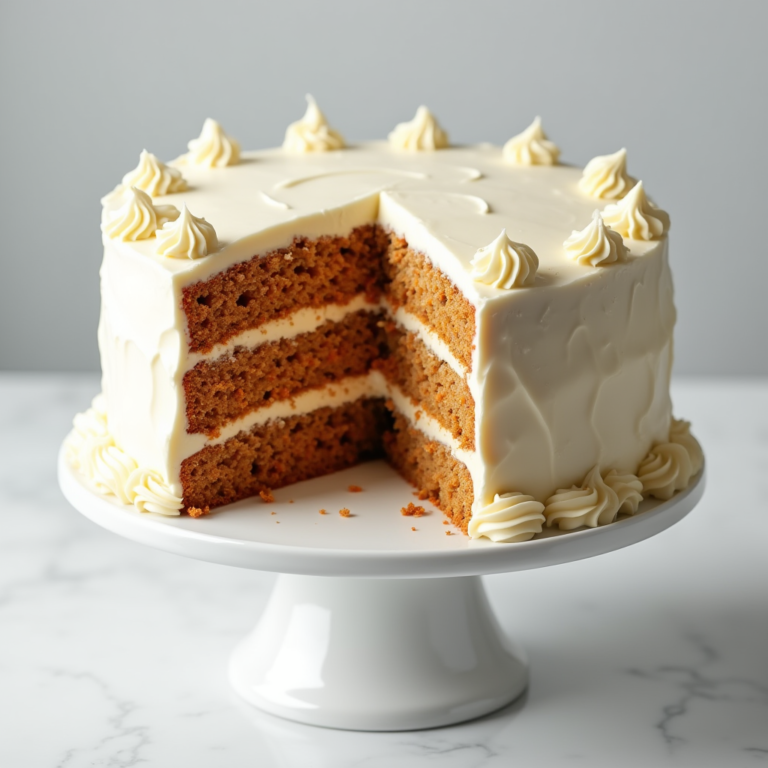 Freshly baked two-layer Carrot Cake Recipe with cream cheese frosting on a white cake stand, showing a slice with moist texture and visible carrot shreds